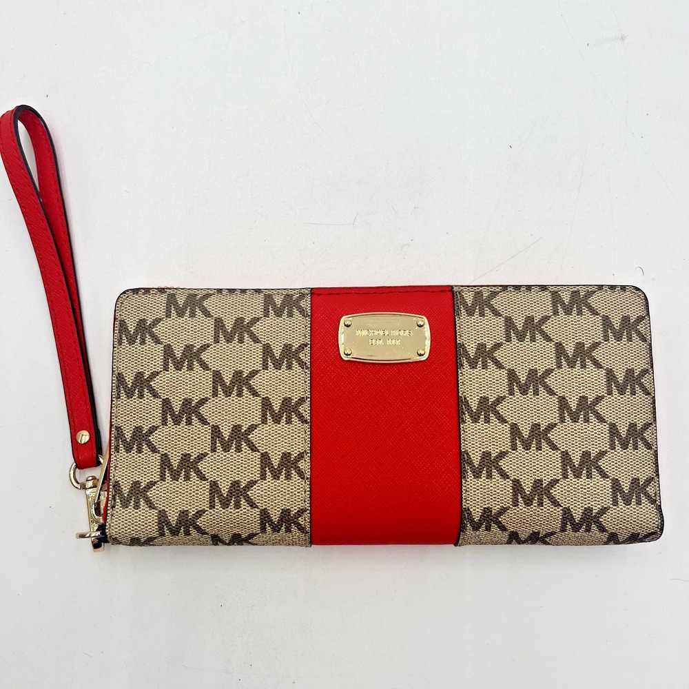 Michael Kors Center Stripe Travel Continental Wallet Wristlet MK Nat/Dksgria